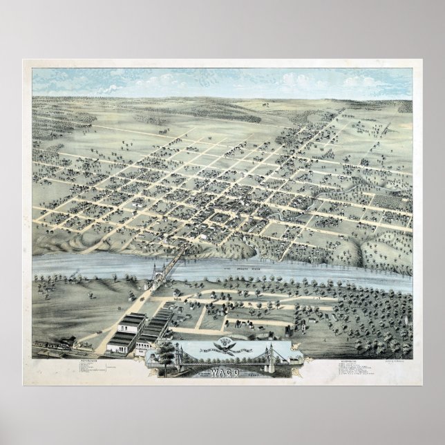 Poster 1873 Waco, TX Oiseaux Vue panoramique (Devant)