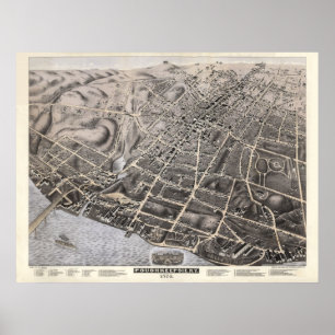 Poster 1874 Poughkeepsie, NY Birds Eye View Panoramic Map