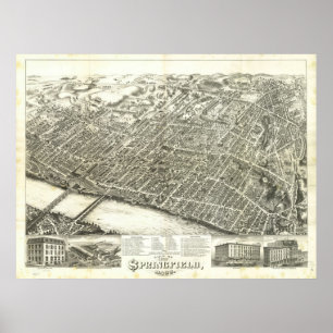 Poster 1875 Springfield, MA Oiseaux Vue panoramique Carte