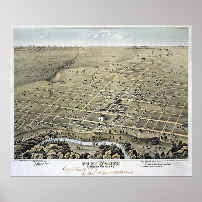 Poster 1876 Carte de Fort Worth, TX Birds Eye View (Devant)