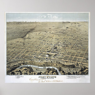 Poster 1876 carte de Fort Worth, vue d'oeil d'oiseaux de