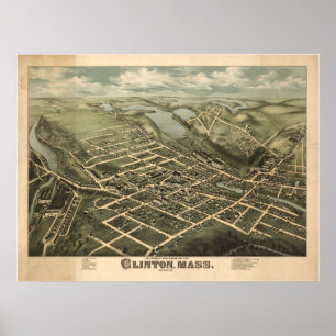 Poster 1876 Clinton, MA Oiseaux Vue panoramique