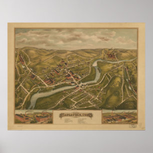 Poster 1877 Naugatuck CT Birds Eye View Panoramic Map