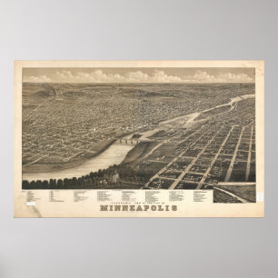 Poster 1879 Minneapolis, MN Oiseaux Vue panoramique Carte