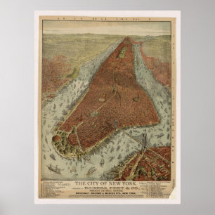 Poster 1879 New York City NY Birds Eye View Panoramic Map