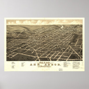 Poster 1880 Ann Arbor, MI Birds Eye View Panoramic Map