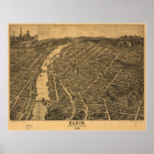 Poster 1880 Elgin, carte panoramique de vue d'oeil