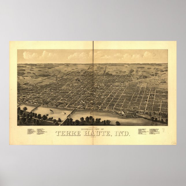 Poster 1880 Terre Haute, IN Oiseaux Vue panoramique Carte (Devant)