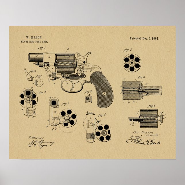 Poster 1881 Revolver d'armes à feu Dessin d'art breveté I (Devant)