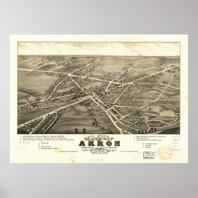 Poster 1882 Akron, OH Oiseaux Vue panoramique (Devant)