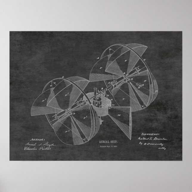 Poster 1882 Avion à moteur volant Dessin de brevet d'avio (Devant)