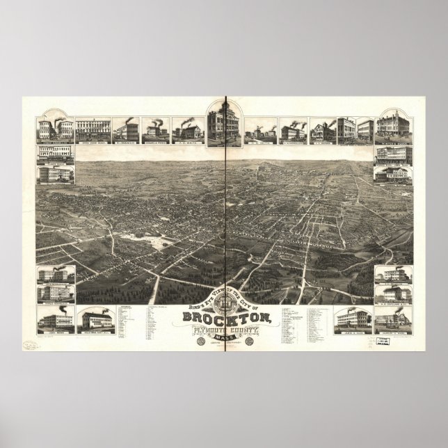 Poster 1882 Brockton, MA Oiseaux Vue panoramique Carte (Devant)