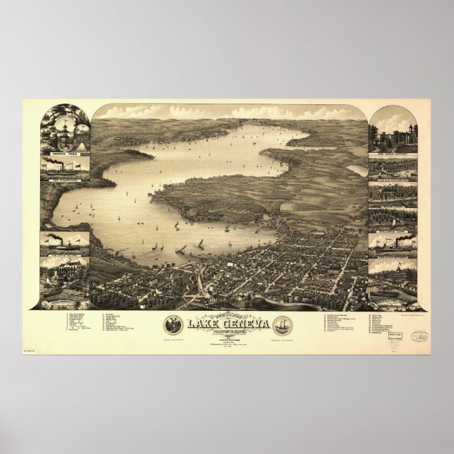 Poster 1882 Lac Léman, WI Oiseaux Vue panoramique Carte (Devant)
