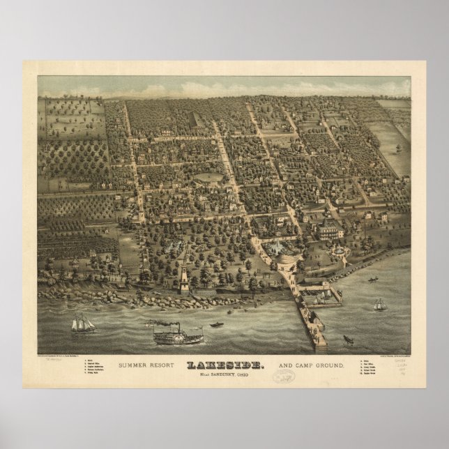 Poster 1884 Lakeside, OH Oiseaux Vue panoramique Carte (Devant)