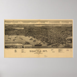 Poster 1884 Seattle, carte panoramique de vue d'oeil