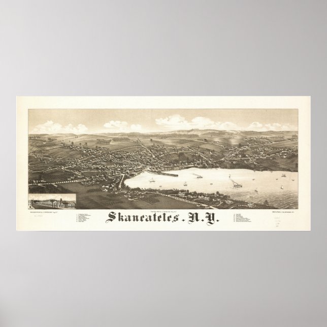 Poster 1884 Skaneateles, NY Oiseaux Vue panoramique Carte (Devant)