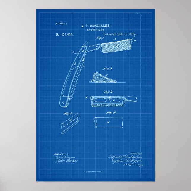 Poster 1885 Barber Razor Blueprint Patent Artwork (Devant)