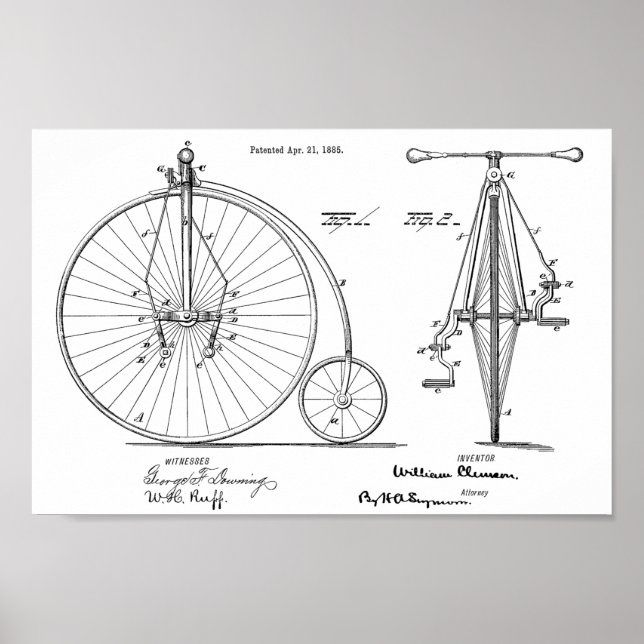 Poster 1885 Haute Roulette Conception de Vélo Brevet Art  (Devant)