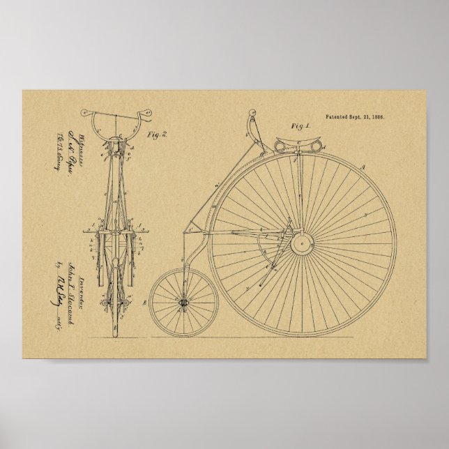 Poster 1886 Haute Roulette Conception de Vélo Brevet Art  (Devant)