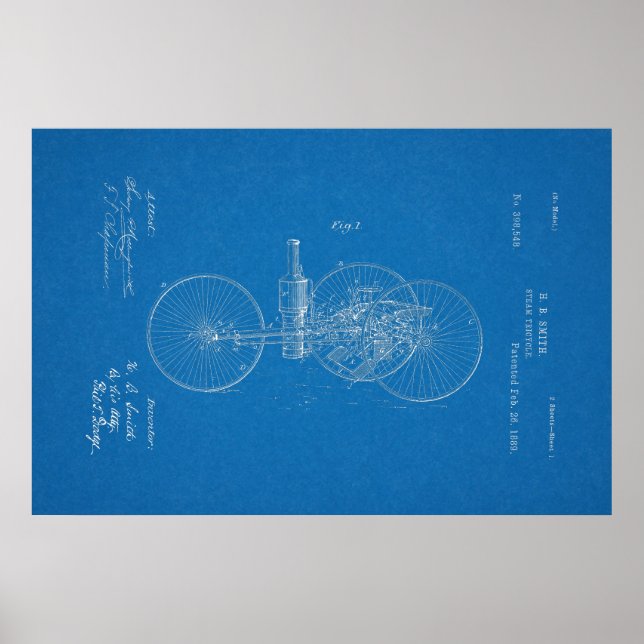 Poster 1889 Vintage Steam Tricycle Brevet Plan directeur  (Devant)