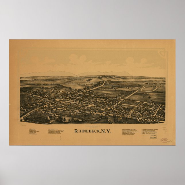 Poster 1890 Rhinebeck, NY Oiseaux Vue panoramique Carte (Devant)
