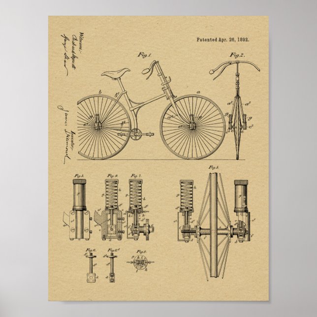 Poster 1892 Bicycle Suspension Design Brevet Art Imprimer (Devant)