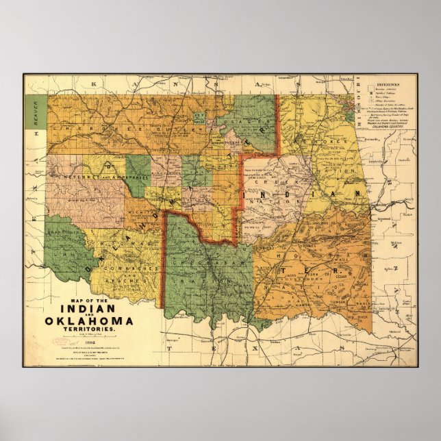 Poster 1892 Carte des territoires indiens et de l'Oklahom (Devant)
