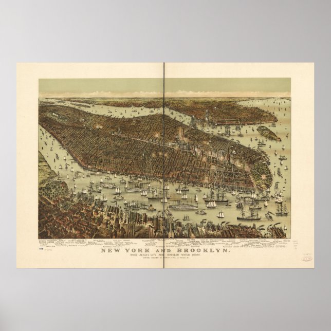 Poster 1892 New York & Brooklyn Birds Eye Panoramic Map (Devant)