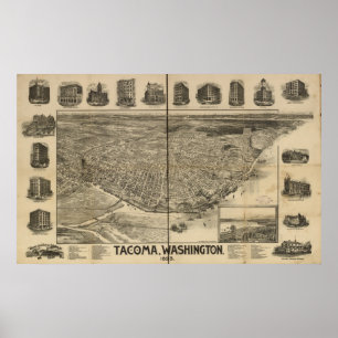 Poster 1893 Tacoma, carte panoramique de vue d'oeil