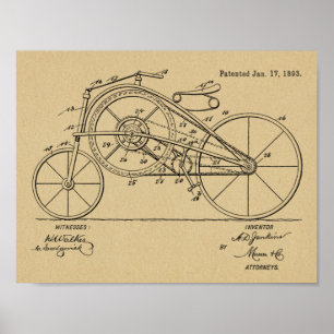 Poster 1893 Vintage Bicycle Large Gear Patent Art Print