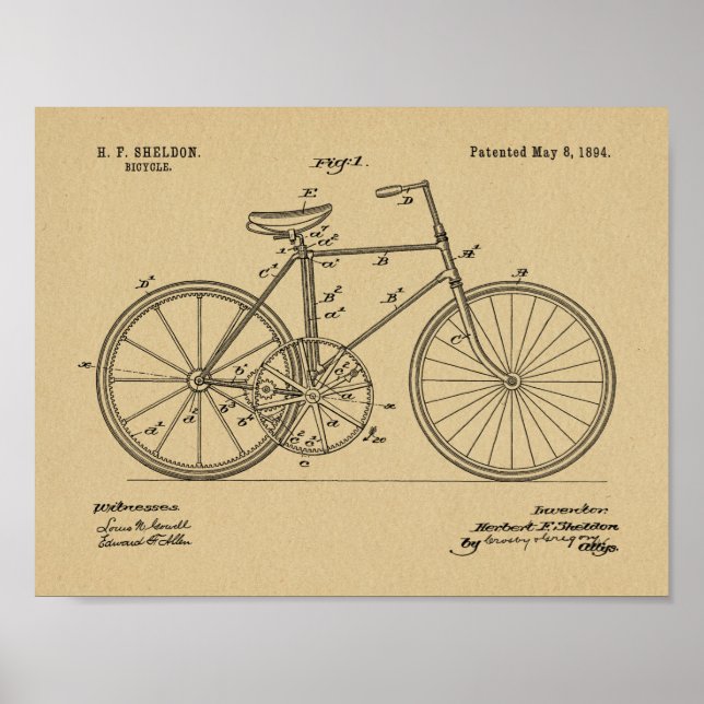 Poster 1894 Conception de bicyclettes d'engrenages Brevet (Devant)