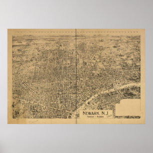Poster 1895 Newark, NJ Birds Eye View Panoramic Map