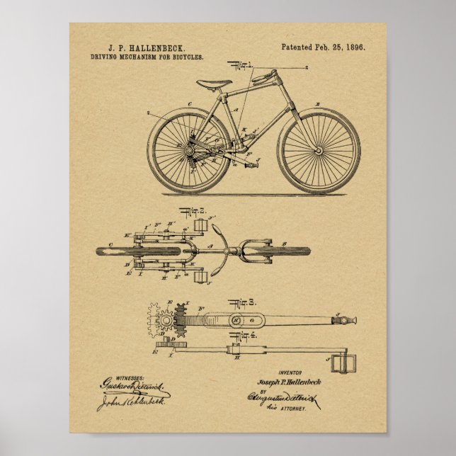 Poster 1896 Conception de bicyclettes sans chaines Brevet (Devant)