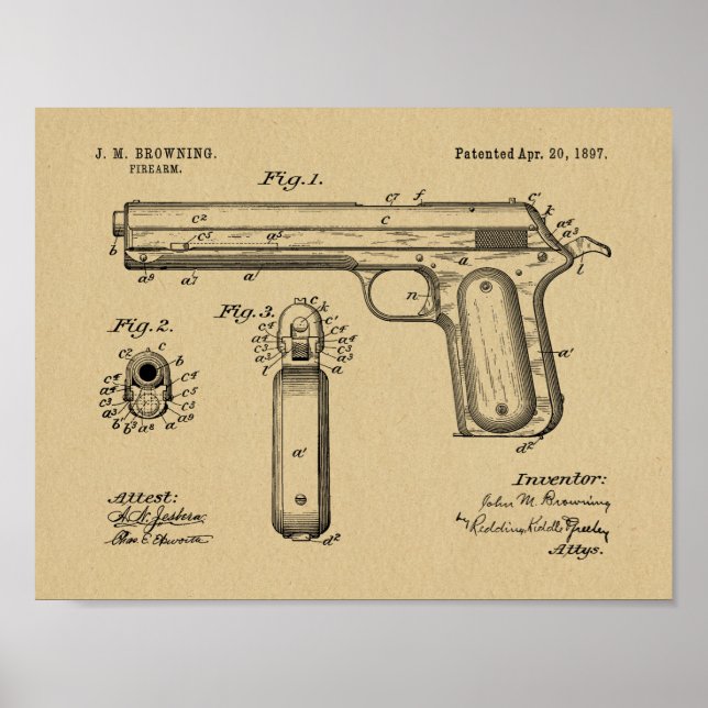 Poster 1897 Browning Gun Brevet Art Dessin Imprimer (Devant)