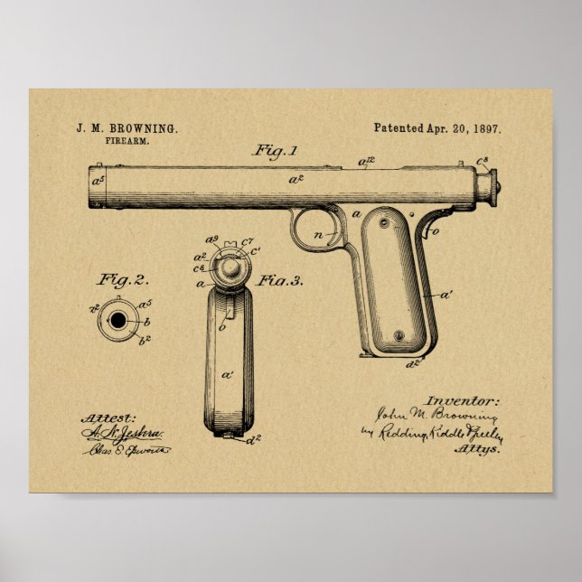 Poster 1897 Browning Gun Brevet Art Dessin Imprimer (Devant)