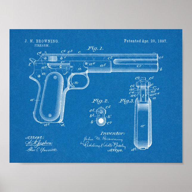 Poster 1897 Browning Gun Brevet Art Dessin Imprimer (Devant)