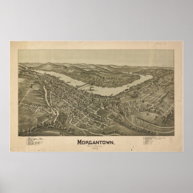 Poster 1897 Morgantown, WV Bird's Eye View Carte panorami (Devant)