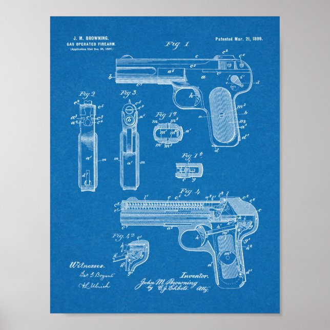 Poster 1899 Browning Gun Brevet Art Dessin Imprimer (Devant)