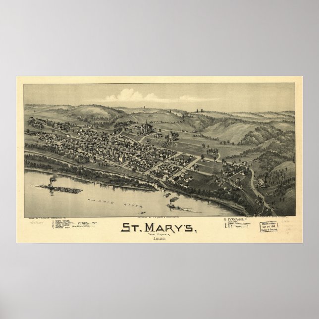 Poster 1899 St. Mary's, WV Bird's Eye View Carte panorami (Devant)