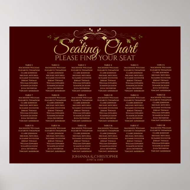 Poster 18 Table Gold & Auburn Brown Mariage Seating Chart (Devant)