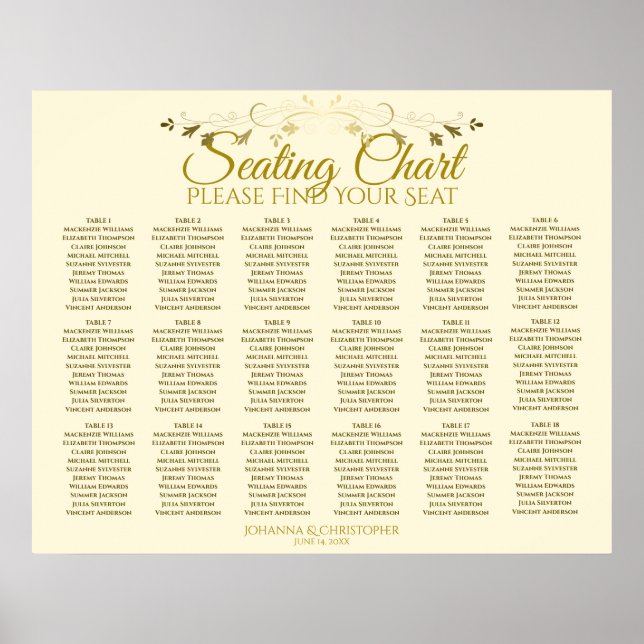 Poster 18 Table Gold & Cream Simple Mariage Seating Chart (Devant)