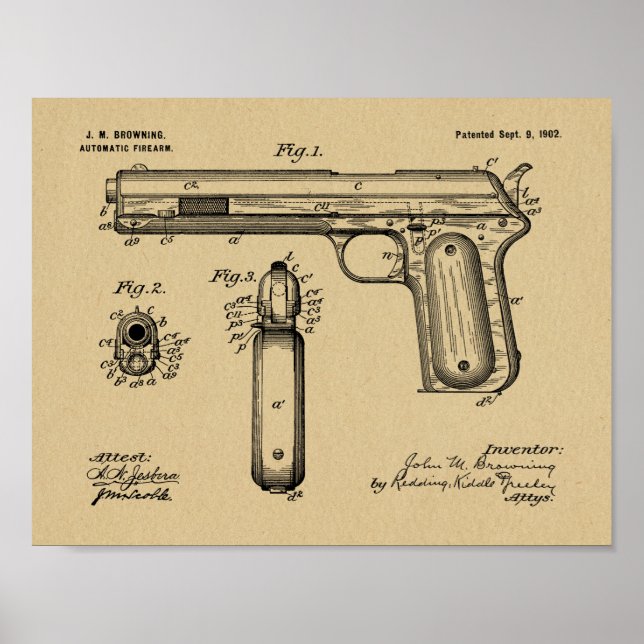 Poster 1902 Browning Gun Brevet Art Dessin Imprimer (Devant)