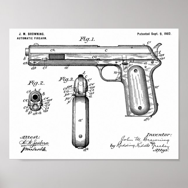 Poster 1902 Browning Gun Brevet Art Dessin Imprimer (Devant)
