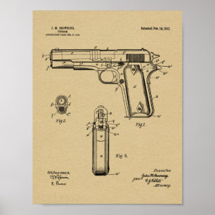 Poster 1911 Colt Browning Gun brevet d'art dessin