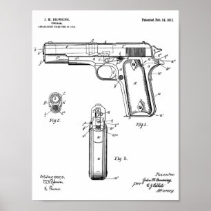 Poster 1911 Colt Browning Gun brevet d'art dessin