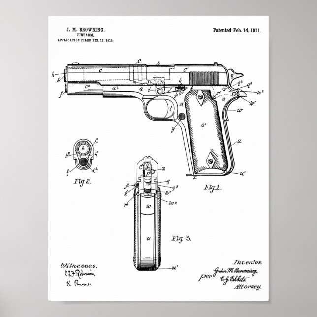 Poster 1911 Colt Browning Gun brevet d'art dessin (Devant)