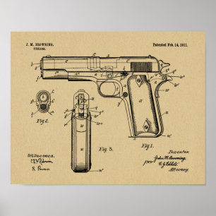 Poster 1911 Colt Browning Gun brevet d'art dessin