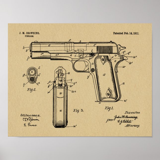 Poster 1911 Colt Browning Gun brevet d'art dessin (Devant)