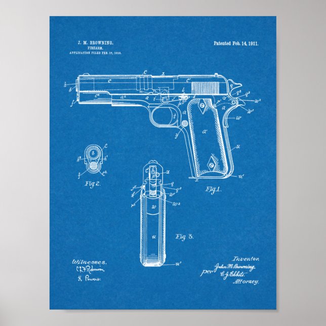 Poster 1911 Colt Browning Gun brevet d'art dessin (Devant)