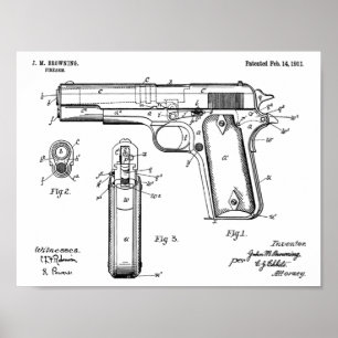 Poster 1911 Colt Browning Gun brevet d'art dessin